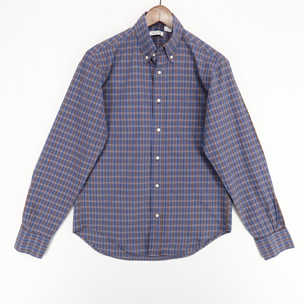 Gustin Button‎ Down Shirt Mens Large Slim Fit Blue Orange Plaid Long Sleeve USA